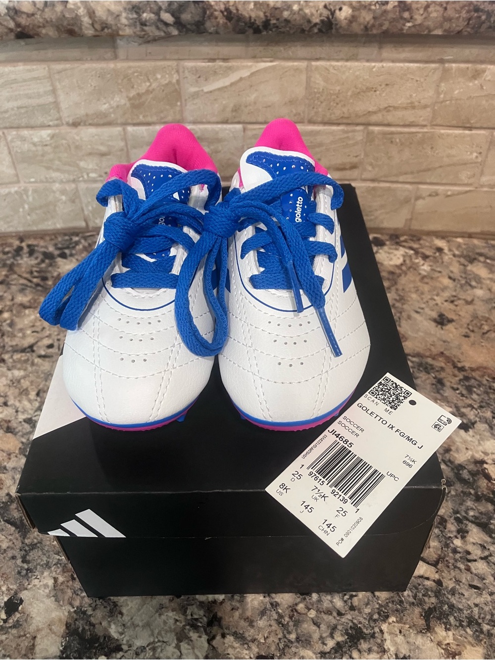 Goletto Kids White Sneakers with Blue Laces and Pink Inner